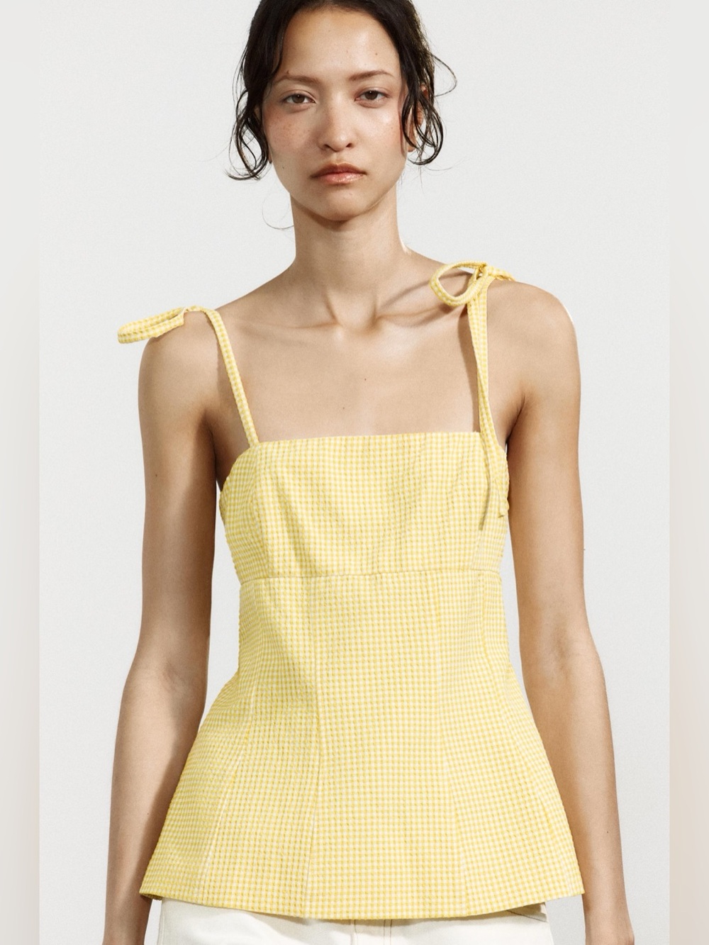 Zara Women’s Yellow Gingham Tie-Shoulder Spaghetti Strap Top
